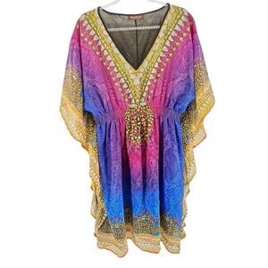 Speed Control NY Multi Color Print Kaftan Dress Womens MD Y2K Boho Vacation Swim